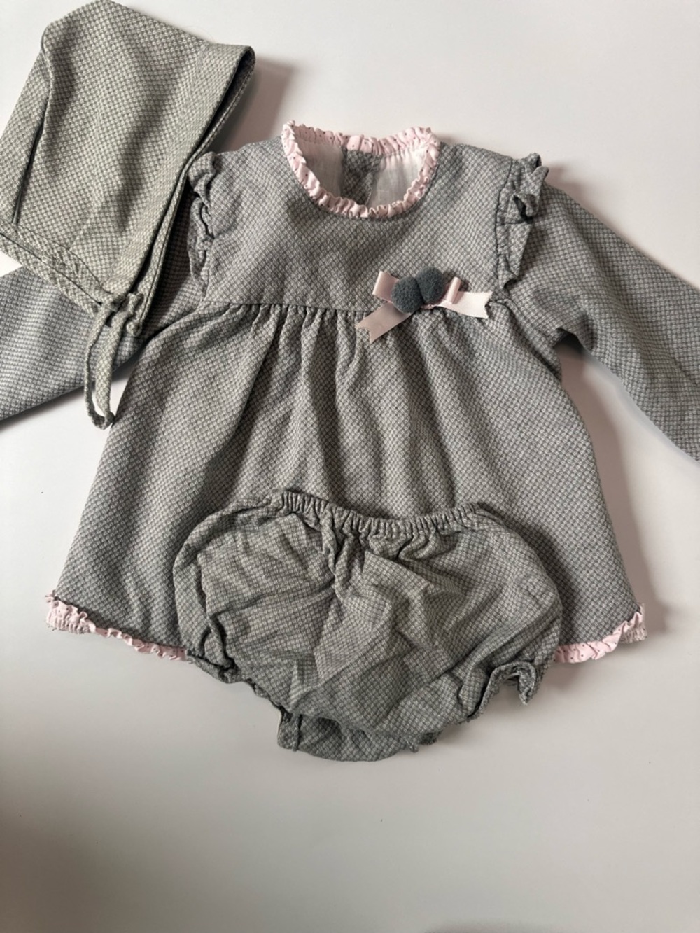 Grey and Pink Infant Dress Set with Bonnet & Bloomers